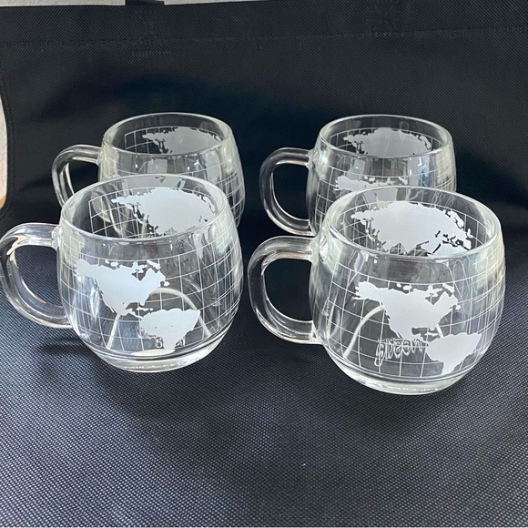 Vintage 70s Nestle Coffee Mugs Etched World Map, Set of 4 (B4) - Picture 1 of 6